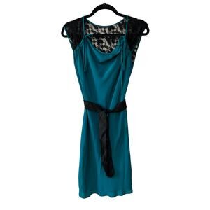 Falls Silk Belted Midi Dress Green & Black Lace Panel 0
